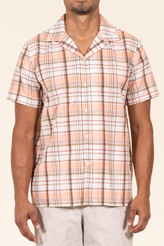 1654 - Cotton Plaid Camp Collar S/SL Shirt - Orange/Brown/Red