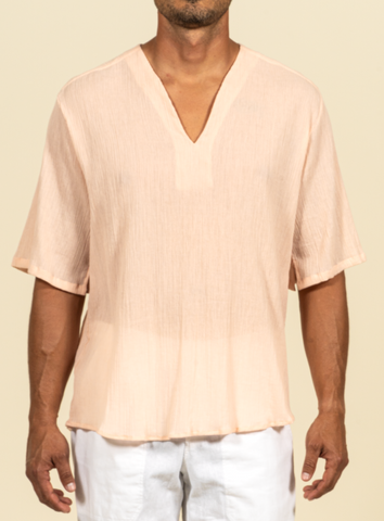 2390B Gauze Oversize Collarless Tunic - Coral