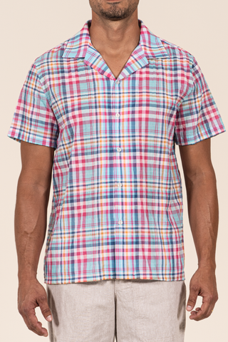 1652 - Plaid Cotton Camp Collar S/SL Shirt - Blue/Red /Yellow
