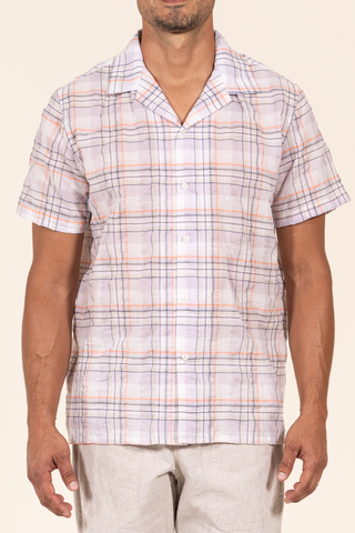 1653 Cotton Plaid Camp Collar S/SL Shirt - Lilac/Gray/Orange