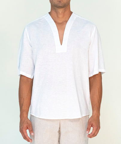 2349A White Linen Collarless Tunic